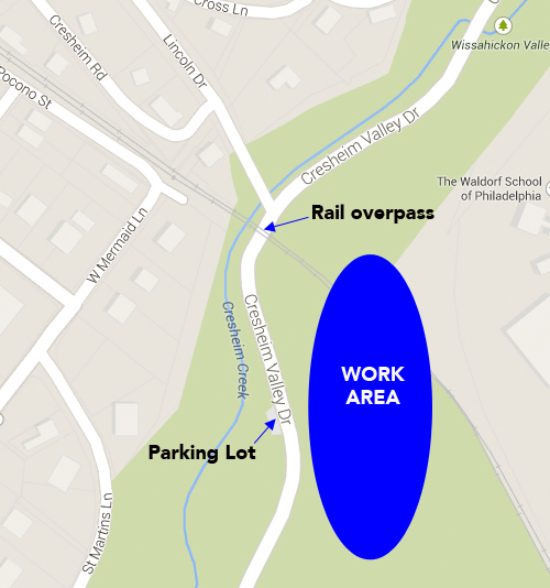 Detail map showing the location of the April 19, 2014 Friends of the Cresheim Trail work day